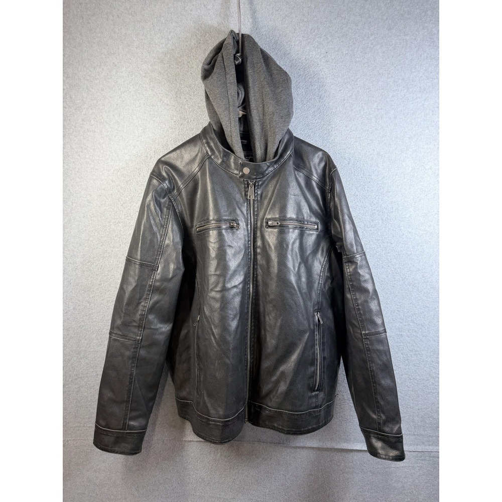 Black Rivet Jacket Mens XL Black Faux Leather Hooded Motorcycle Biker Lined Zip